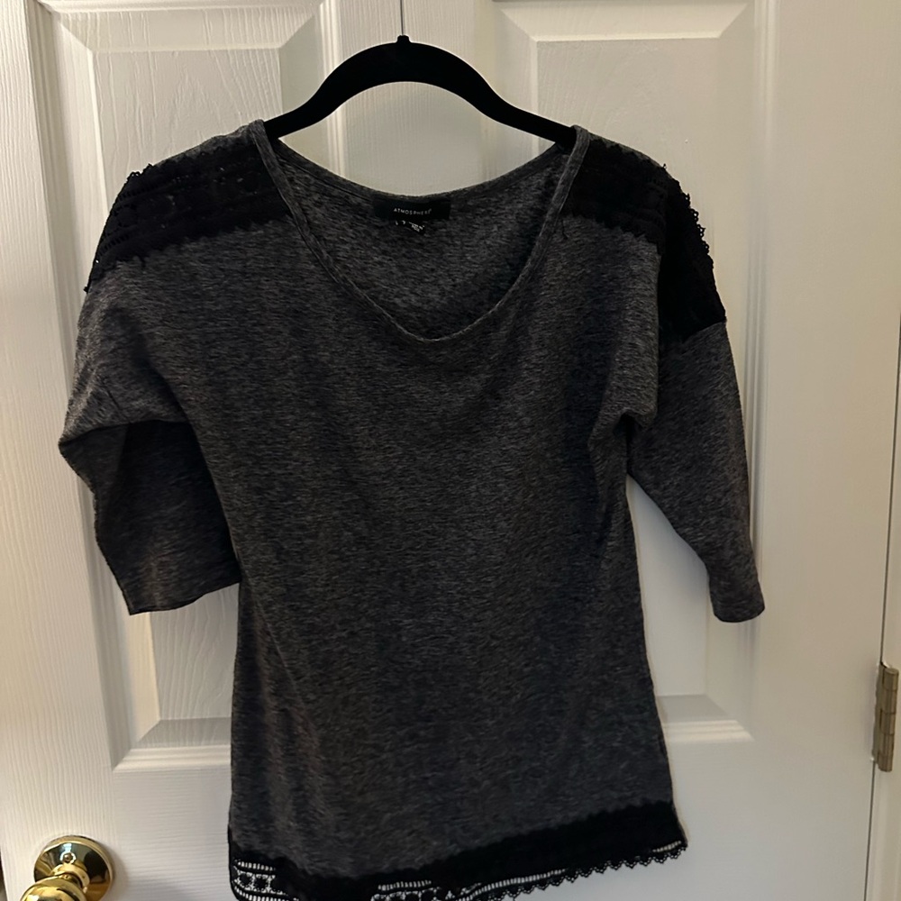 Atmosphere grey 3/4 sleeve shirt with black embroidery on shoulders